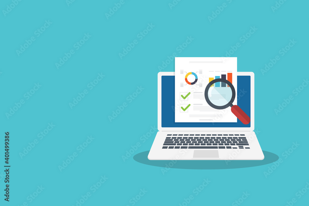Data analysis, data report online on laptop computer, financial audit research analysis, analytics document web report, stats evaluation. Vector illustration Data analysis, data report online on laptop computer, financial audit research analysis, analytics document web report, stats evaluation. Vector illustration