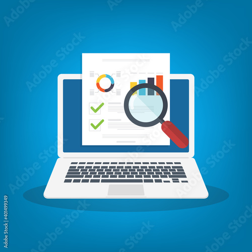 Data analysis, data report online on laptop computer, financial audit research analysis, analytics document web report, stats evaluation. Vector illustration