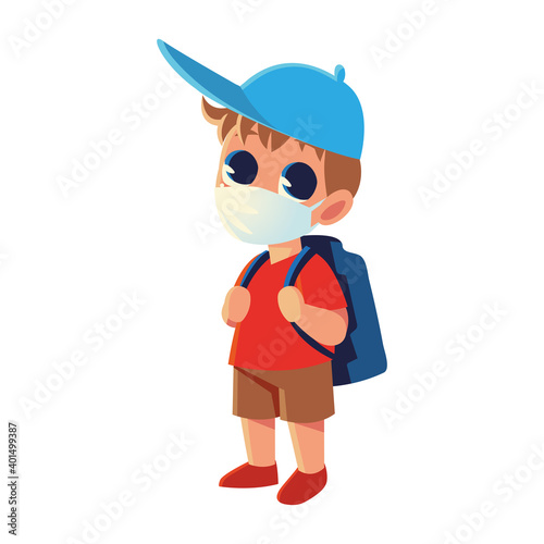 Back to school of boy kid with medical mask and hat vector design