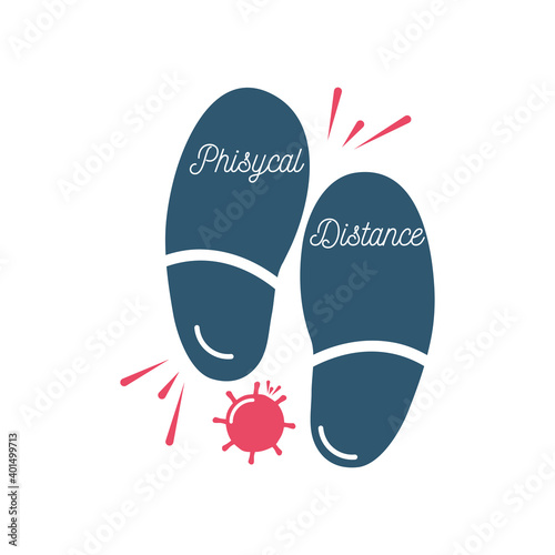 covid 19 virus sticker of phisycal distance on footprints vector design photo