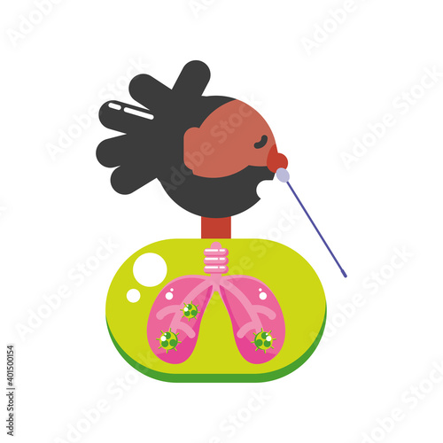 afro man with covid 19 virus in lungs and cotton swab test vector design