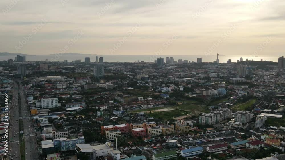 Hyperlapse time lapse moving to city traffic street Sun set on background, aerial view drone shot. Hyperlapse time lapse moving to city traffic street Sun set on background, aerial view drone shot.
