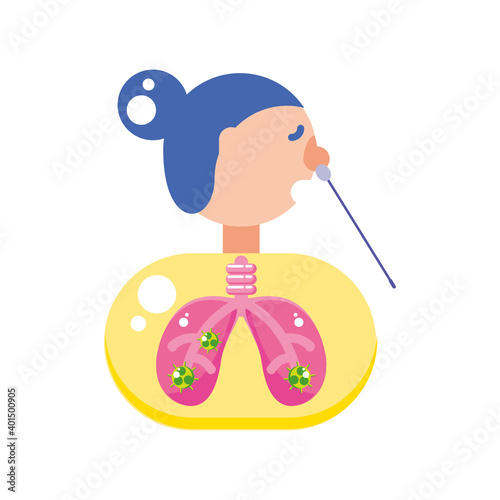 woman with covid 19 virus in lungs and cotton swab test vector design