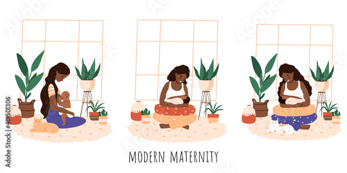 Afro woman breastfeeding her newborn baby in lotus pose, home jungle set. Mother holding infant indoors. Trendy scandinavian hygge interior, living room. Happy motherhood, natural feeding concept