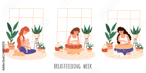 Mother feeding her newborn baby. Breastfeeding positions set, with pillow, lotus pose. Woman feeds infant with breast. Breastfeeding week banner, happy mother's day clip art.