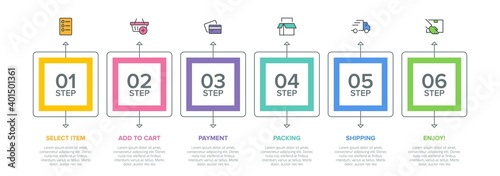 Concept of shopping process with 6 successive steps. Six colorful graphic elements. Timeline design for brochure, presentation, web site. Infographic design layout.