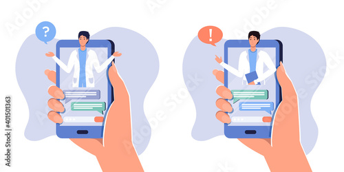 Smartphone screen with male therapist set, chat in messenger, online consultation. Vector flat illustration. Ask doctor. Medical advise, consultation service, tele medicine, meet online with patient