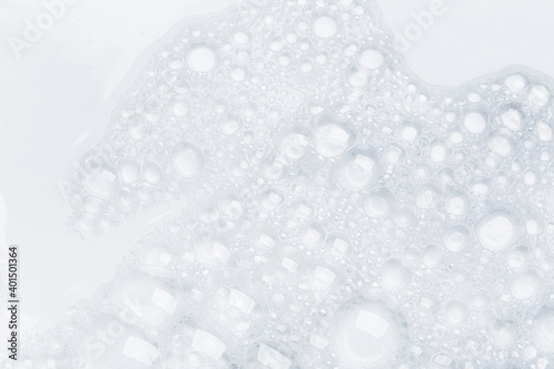 Foam bubble from soap or shampoo for washing isolated on white background from above