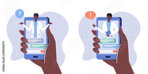 Smartphone screen with male therapist set, chat in messenger, online consultation. Vector flat illustration. Ask doctor. Medical advise, consultation service, tele medicine, meet online with patient