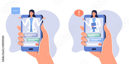 Smartphone screen with female therapist set, chat in messenger, online consultation. Vector flat illustration. Ask doctor. Medical advise, consultation service, tele medicine, meet online with patient