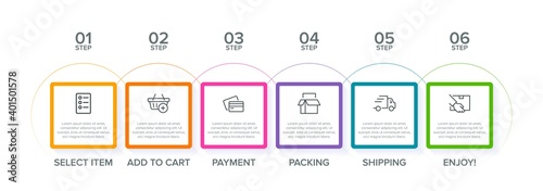 Concept of shopping process with 6 successive steps. Six colorful graphic elements. Timeline design for brochure, presentation, web site. Infographic design layout.