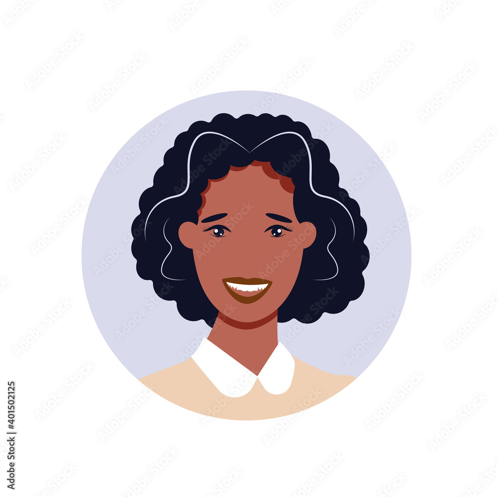 Woman avatar, portrait of a young African and afroamerican black woman in flat style Woman avatar, portrait of a young African and afroamerican black woman in flat style