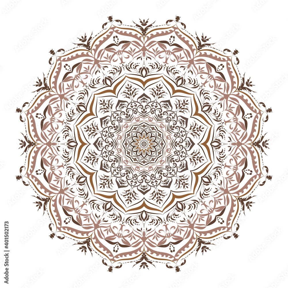 Mandala round flower On a white background. The abstract round pattern in brown tones.