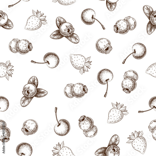 hand drawn berries seamless pattern isolated on white. mix of garden or forest berries endless background in vintage engraved style. Strawberry, blueberry, cherry sketch set. Summer fruit for design.