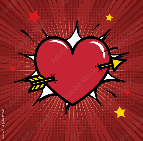 Heart pierced with arrow vector illustration. Red comics background with heart. For flyer, banner, poster, invitation.