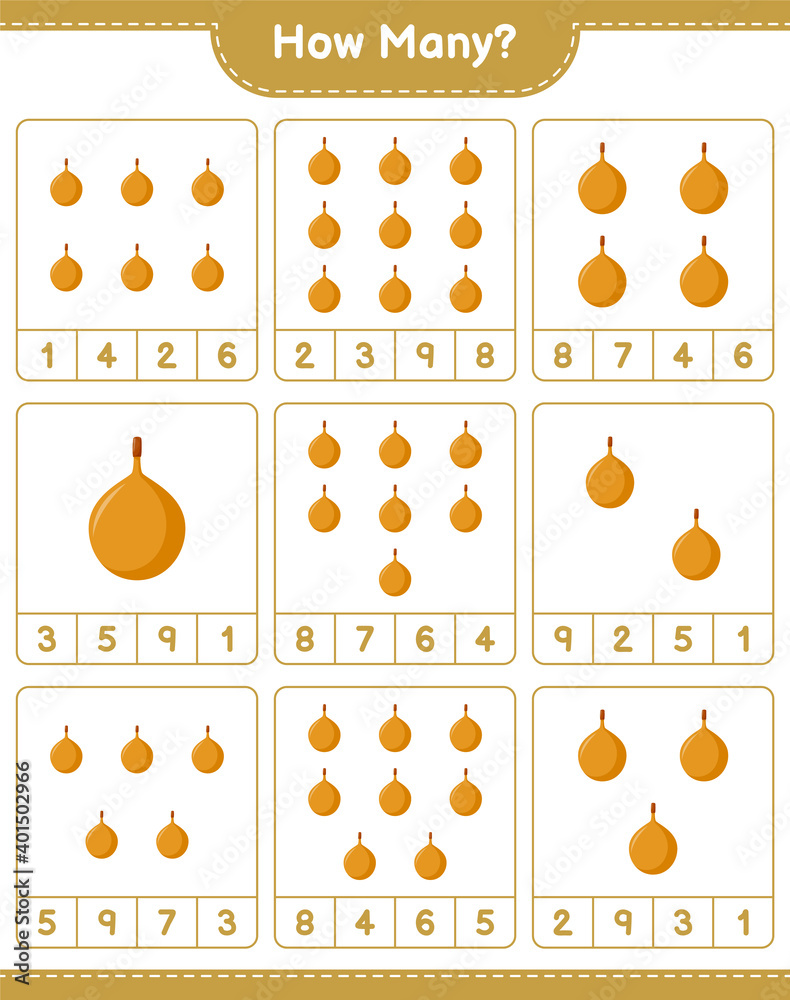 Counting game, how many Voavanga. Educational children game, printable worksheet, vector illustration