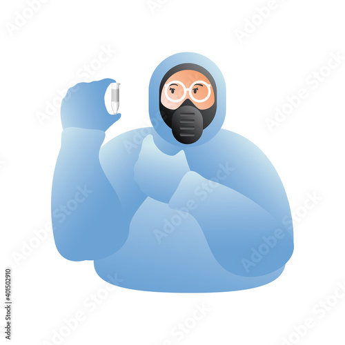 doctor with protective covid 19 virus suit and test tube vector design