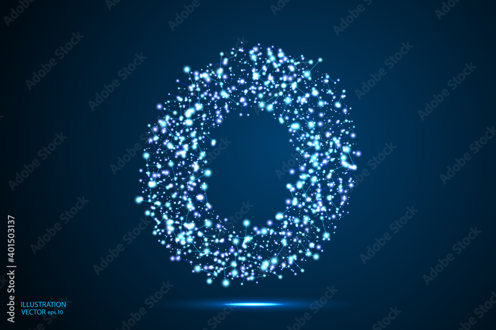 English letters abstract font consists 3d of triangles, lines, dots and connections. On a dark blue background cosmic universe stars, meteorites, galaxies. Vector illustration EPS 10.