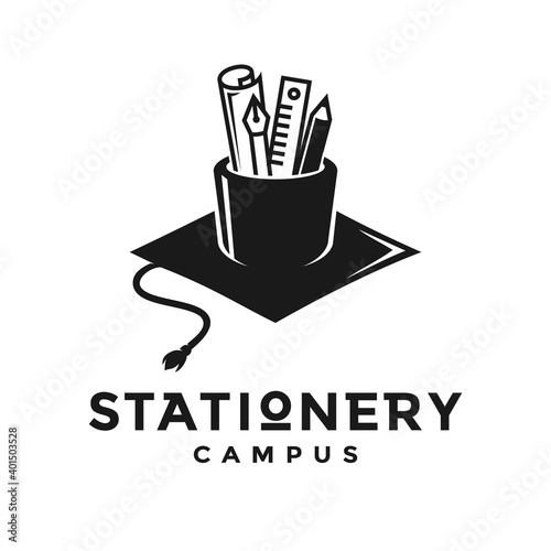Stationery campus vector logo template. This design use hat or cap symbol. Suitable for education tool.