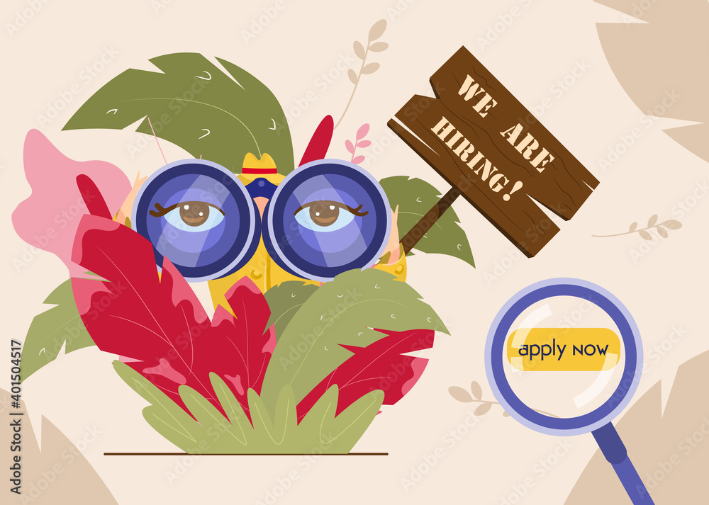 Obraz premium Web page template for recruitment agency. We are hiring concept. Woman detective looking through binoculars for new employees. Flat style.