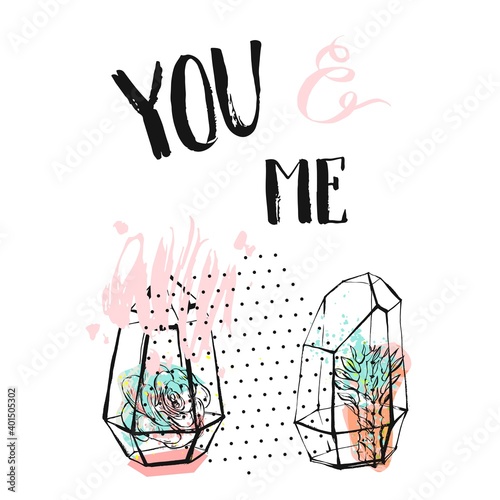 Hand drawn vector abstract textured collage with succulent plants in terrarium and handwritten calligraphy quote You and me in pastel colors isolated on white background.Wedding,save the date