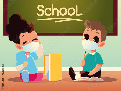 Back to school of girl and boy kid with medical masks and notebooks vector design