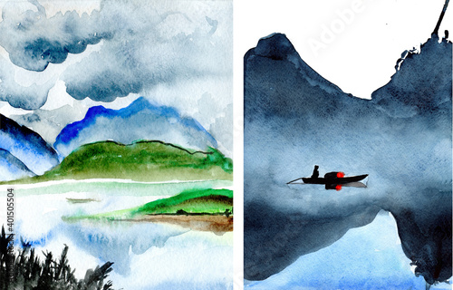 Watercolor set of two colorful landscapes, mountain river with green hills and snow picks, black bushes, blue transparent lake. Can be used in polygraphic design. Raster stock illustration in realism. photo