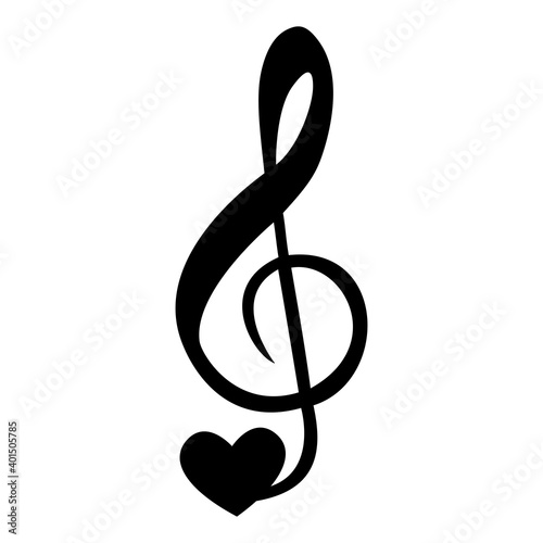 Treble clef and heart. Vector illustration, isolated on a white background.