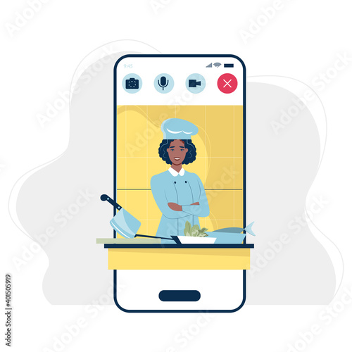 Easy cooking vector illustration. creative design for online cookery course, school or blog. Cartoon flat chef woman character cooks healthy food in kitchen, teaching dish recipes

