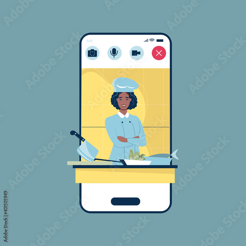 Easy cooking vector illustration. creative design for online cookery course, school or blog. Cartoon flat chef woman character cooks healthy food in kitchen, teaching dish recipes

