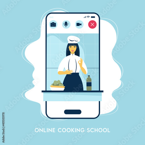 Easy cooking vector illustration. creative design for online cookery course, school or blog. Cartoon flat chef woman character cooks healthy food in kitchen, teaching dish recipes

