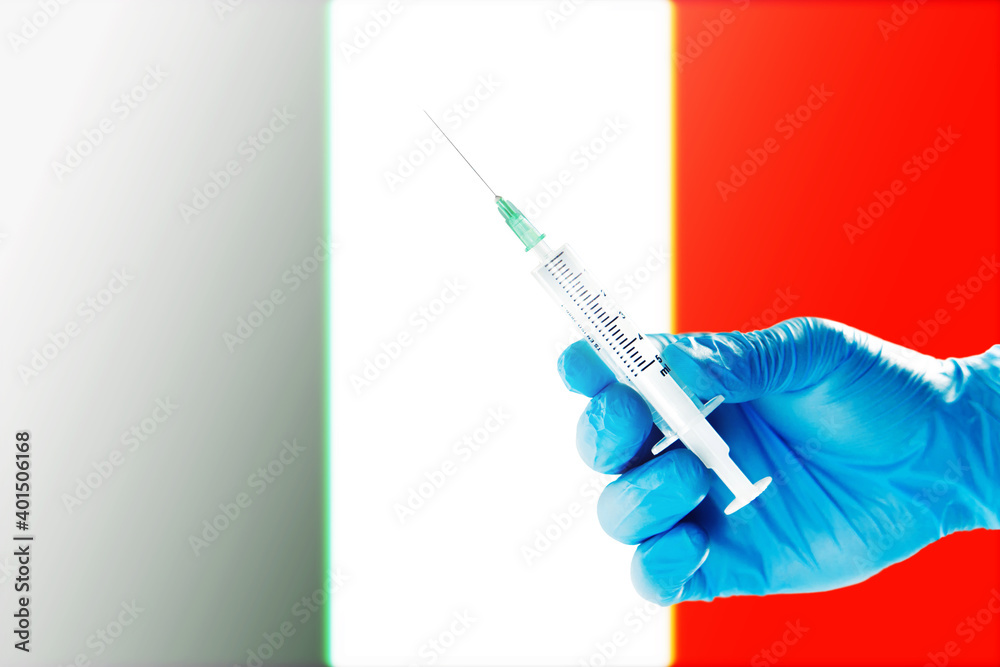Ireland Flag Blurred Background Covid-19, Corona, Selective focused on Syringe Injection Ireland Flag Blurred Background Covid-19, Corona, Selective focused on Syringe Injection