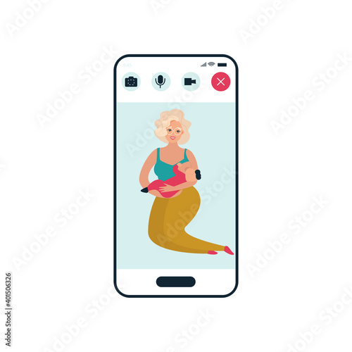 mother breastfeeding her newborn baby. Motherhood nutrition lactation concept.  smartphone screen mobile application flat full length. Breastfeeding webinar.