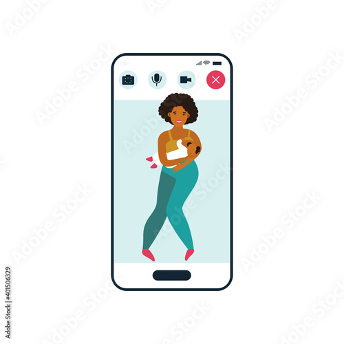mother breastfeeding her newborn baby. Motherhood nutrition lactation concept.  smartphone screen mobile application flat full length. Breastfeeding webinar.