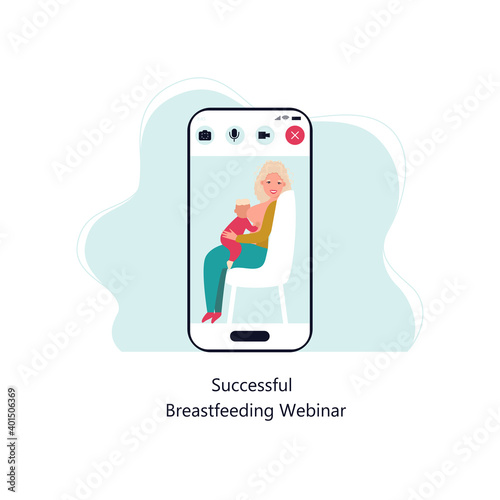 mother breastfeeding her newborn baby. Motherhood nutrition lactation concept.  smartphone screen mobile application flat full length. Breastfeeding webinar.