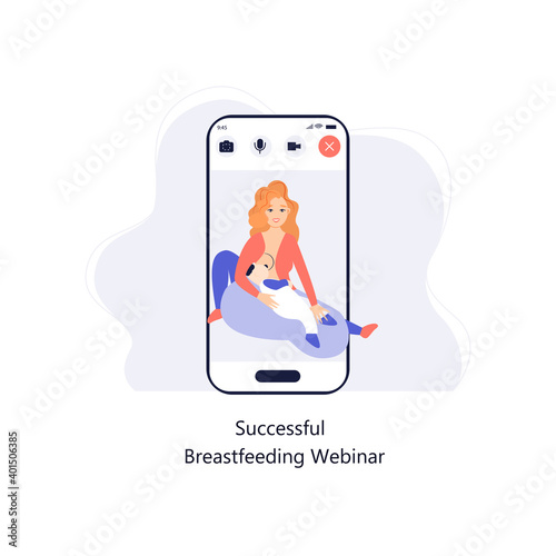 mother breastfeeding her newborn baby. Motherhood nutrition lactation concept.  smartphone screen mobile application flat full length. Breastfeeding webinar.