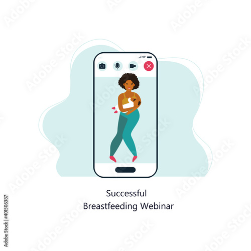 mother breastfeeding her newborn baby. Motherhood nutrition lactation concept.  smartphone screen mobile application flat full length. Breastfeeding webinar.