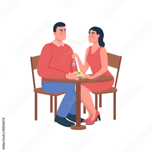 Man and woman eating spaghetti flat color vector detailed characters
