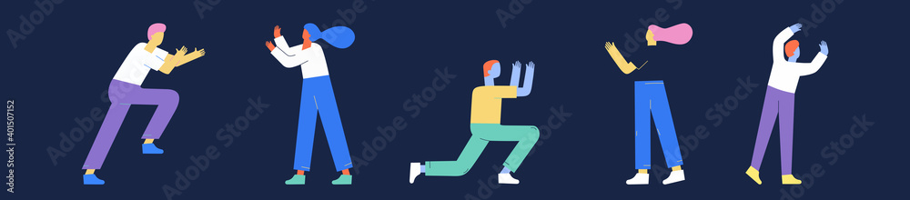 A set of people in different poses in space. Flat illustration of people, men and women. Concept, abstraction, cartoon style