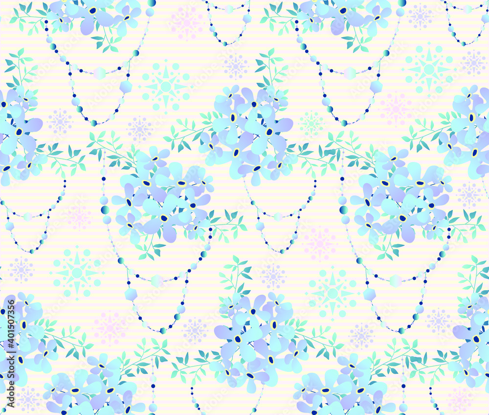 Seamless vector pattern with bouquets of blue forget-me-not flowers, decorative beads and patterned stars on the background. Delicate vintage texture for fabrics and scrapbooking