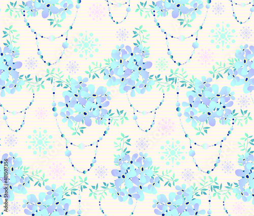 Seamless vector pattern with bouquets of blue forget-me-not flowers, decorative beads and patterned stars on the background. Delicate vintage texture for fabrics and scrapbooking