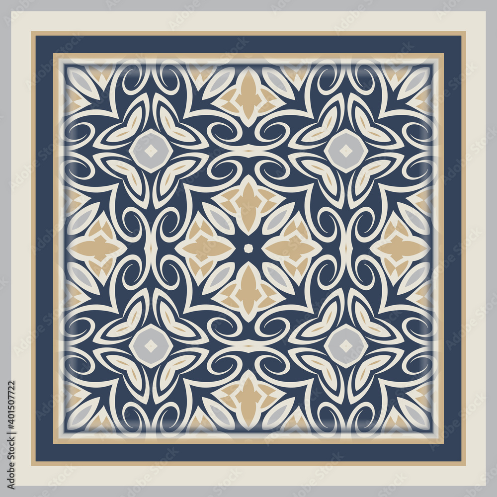 Trendy color seamless pattern in white blue gold for decoration, paper wallpaper, tiles, textiles, neckerchief, pillows. Home decor, interior design. Frame.