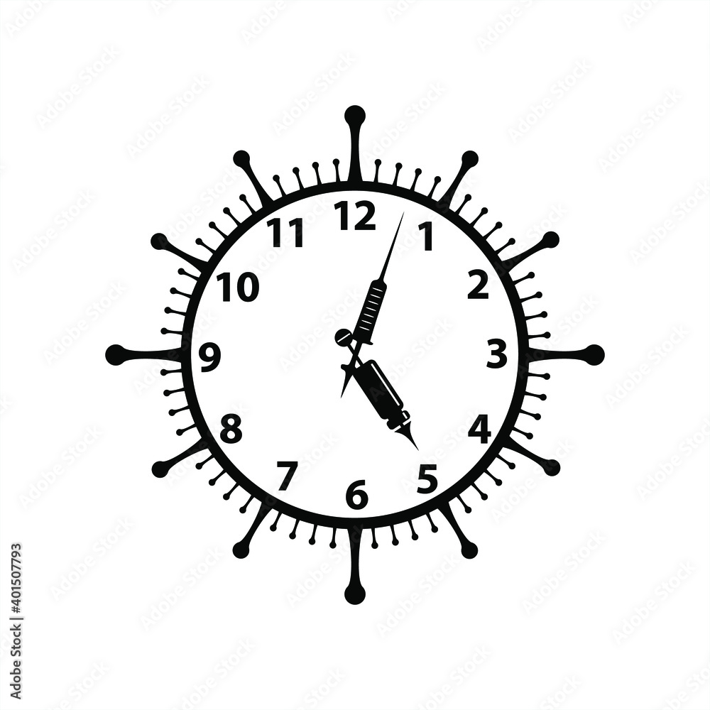 Original vector unusual clock in the form of a coronavirus with syringe arrows and a vaccine. Illustration about rescuing from a pandemic Original vector unusual clock in the form of a coronavirus with syringe arrows and a vaccine. Illustration about rescuing from a pandemic