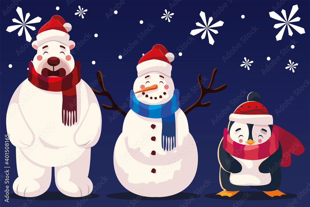 merry christmas bear snowman and penguin vector design