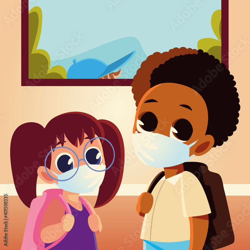 Back to school of girl and boy kid with medical masks and bags vector design