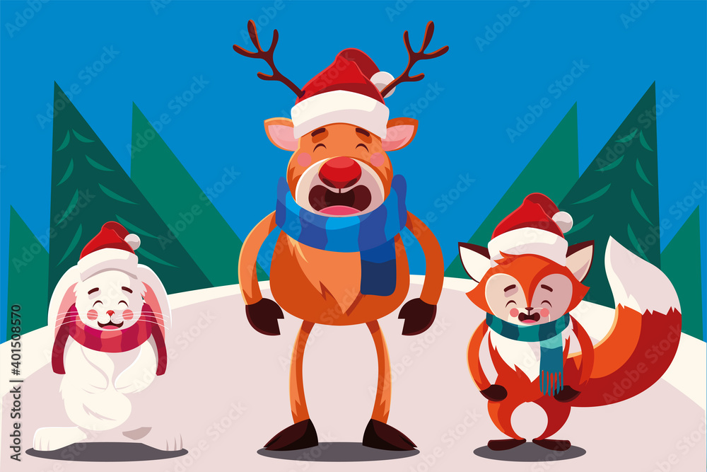 merry christmas reindeer rabbit and fox vector design