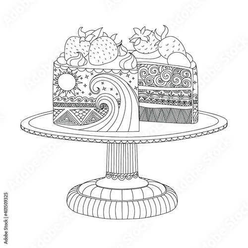 Cake coloring book for adults and children. Antistress coloring page zentangle style