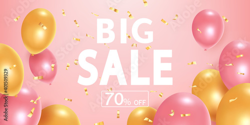 Background with tinsel, pink and gold balloons, inscription Big Sale.