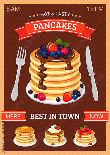 Pancakes poster design with tableware, ribbons. Pile of appetizing crepes.