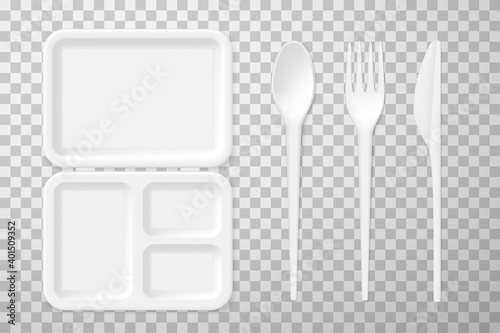 Crockery, cutlery disposable white realistic set. Plastic tableware, rectangular dishes, containers.